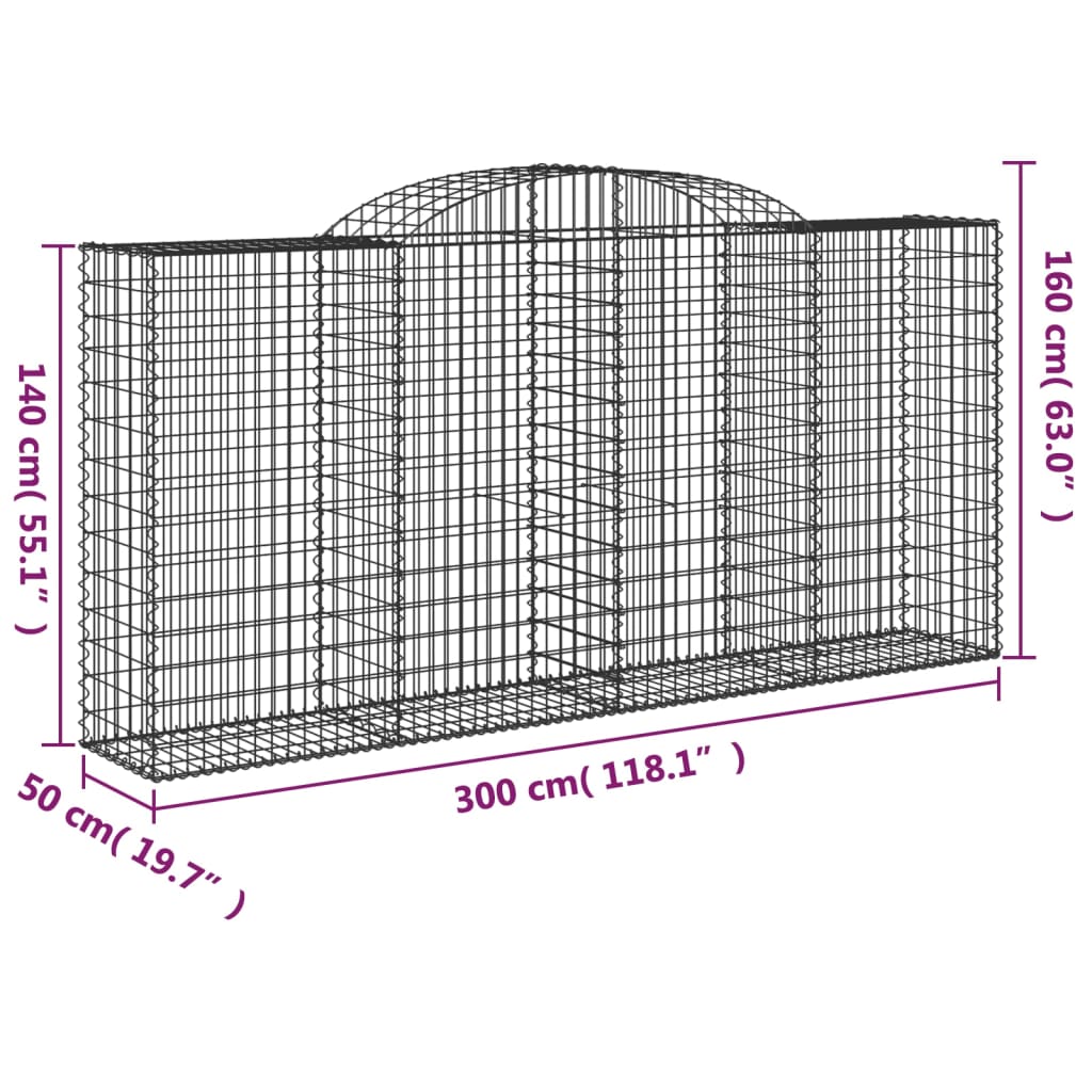 vidaXL Arched Gabion Basket 300x50x140/160 cm Galvanised Iron