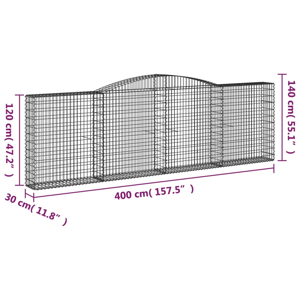 vidaXL Arched Gabion Basket 400x30x120/140 cm Galvanised Iron