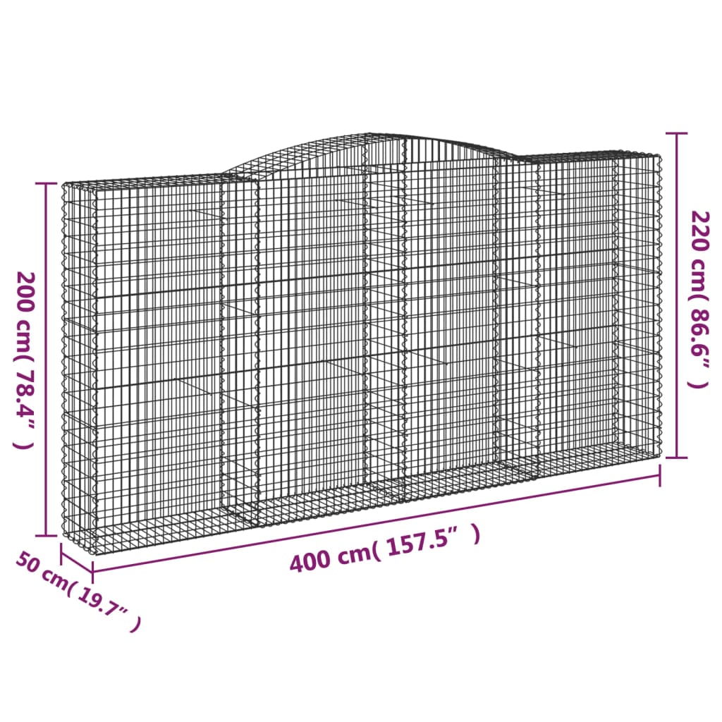 vidaXL Arched Gabion Basket 400x50x200/220 cm Galvanised Iron