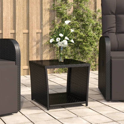 vidaXL Tea Table with Glass Top Black Poly Rattan&Tempered Glass