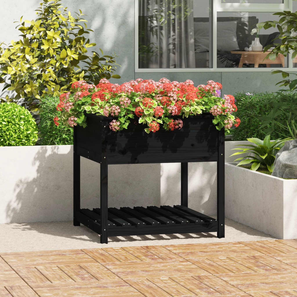 vidaXL Planter with Shelf Black 82,5x82,5x81 cm Solid Wood Pine