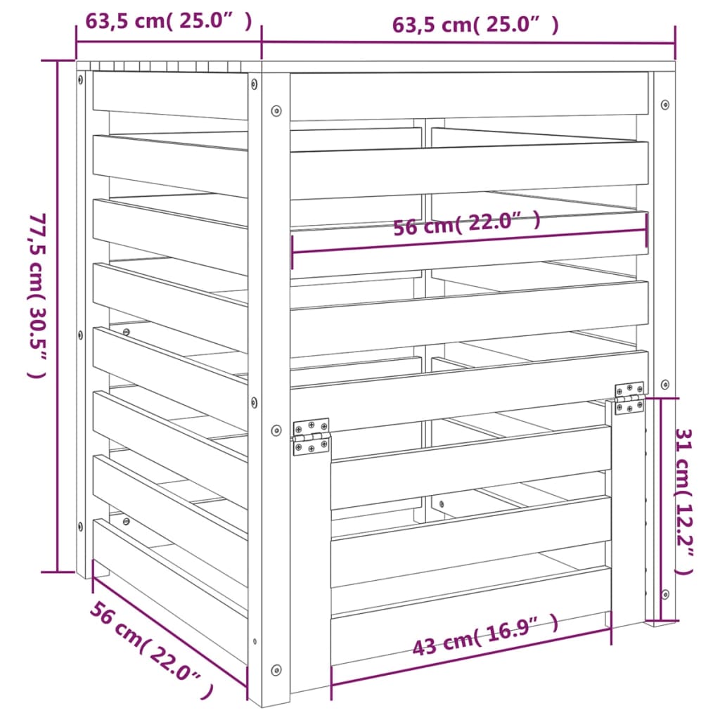 vidaXL Composter 63,5x63,5x77,5 cm Solid Wood Pine