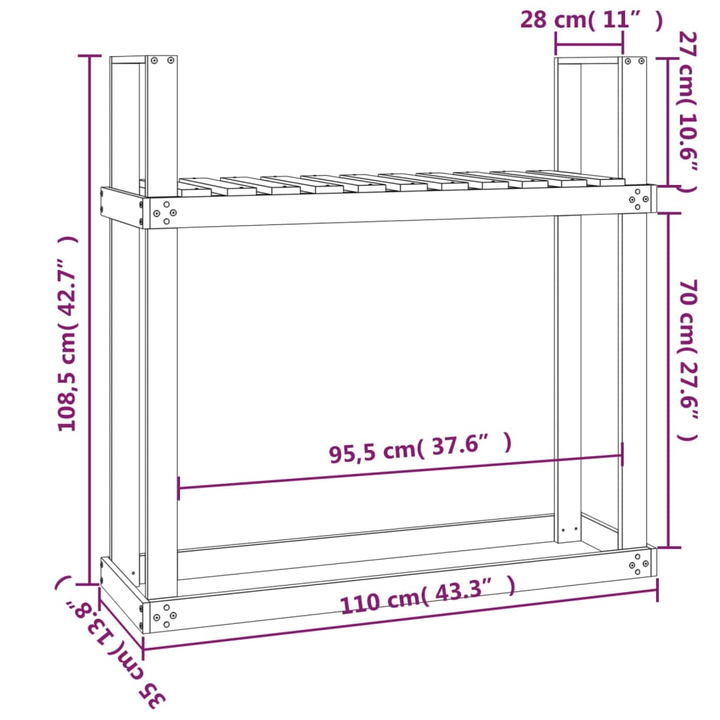 vidaXL Firewood Rack 110x35x108.5 cm Solid Wood Pine