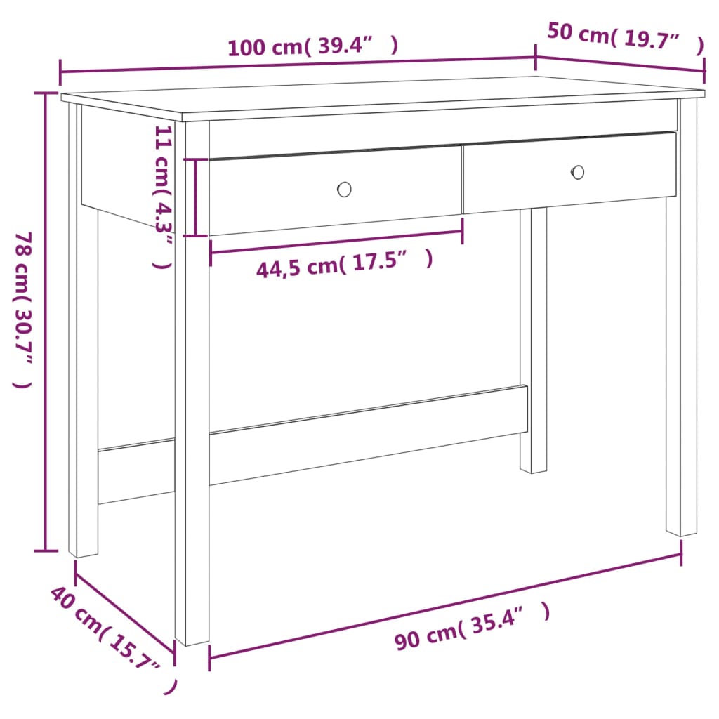 vidaXL Desk with Drawers 100x50x78 cm Solid Wood Pine