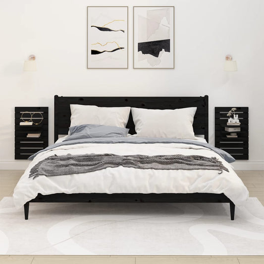 vidaXL Wall-mounted Bedside Shelves 2 pcs Black Solid Wood Pine
