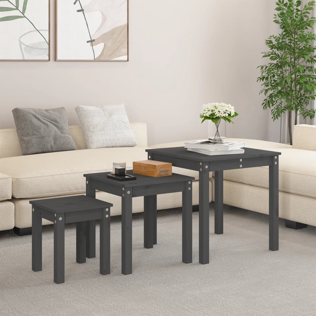vidaXL Nesting Tables 3 pcs Grey Solid Wood Pine