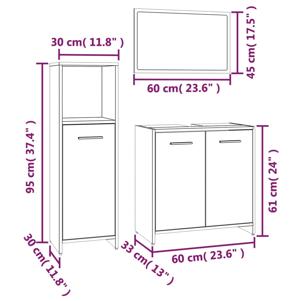 vidaXL 3 Piece Bathroom Furniture Set Grey Sonoma Engineered Wood