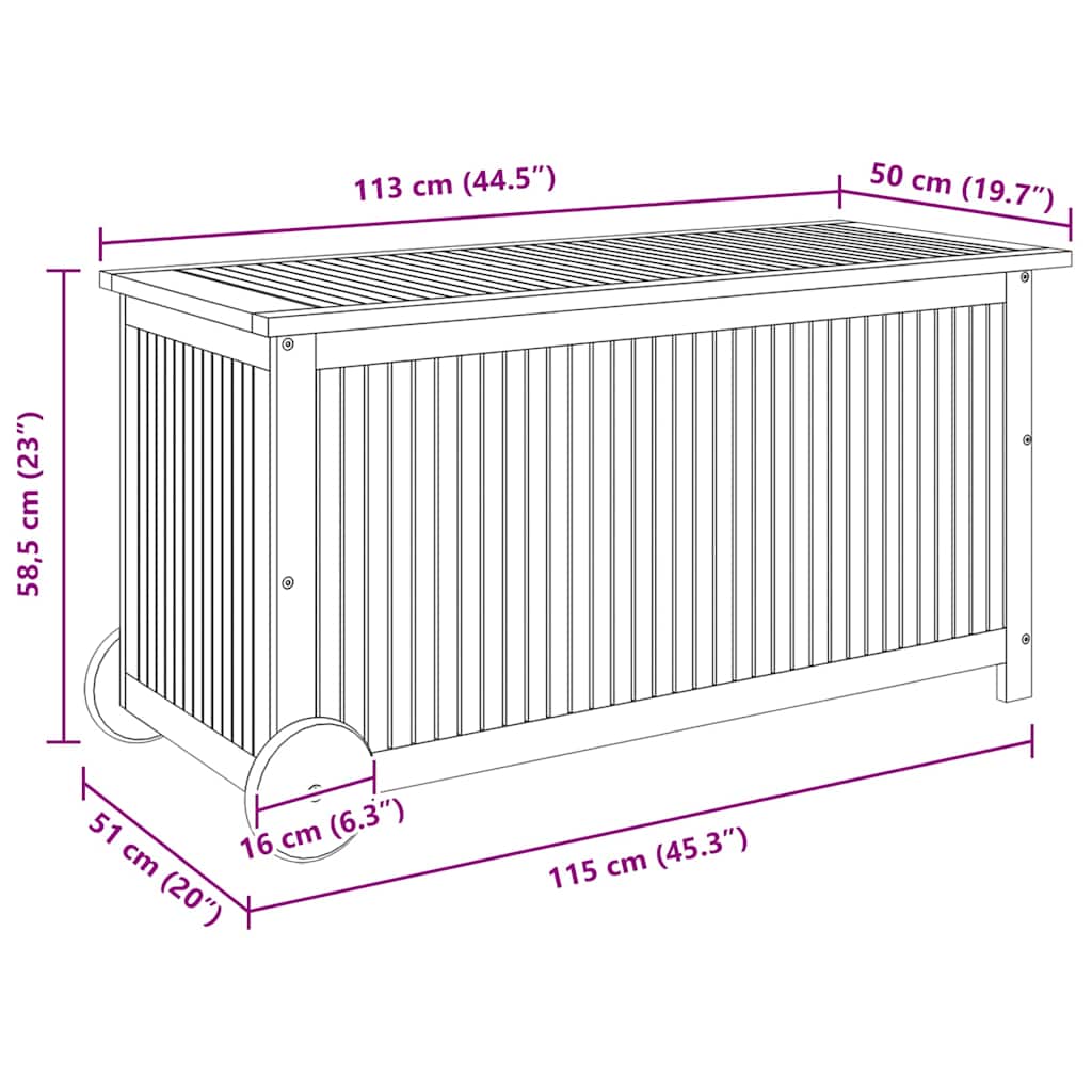 vidaXL Garden Storage Box with Wheels 113x50x58 cm Solid Wood Acacia