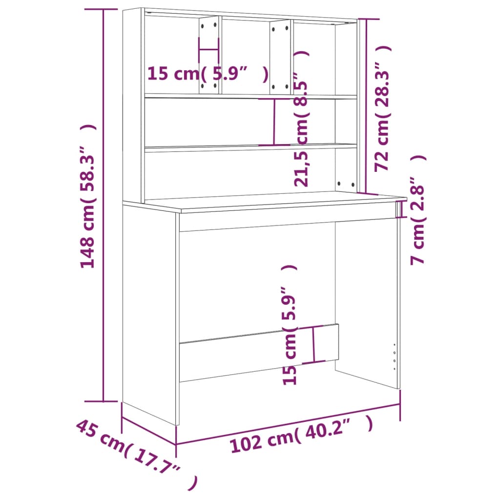 vidaXL Desk with Shelves Grey Sonoma 102x45x148 cm Engineered Wood