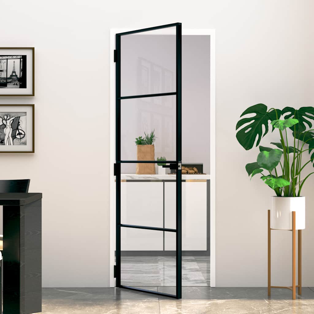 vidaXL Interior Door Black 76x201,5 cm Tempered Glass&Aluminium Slim