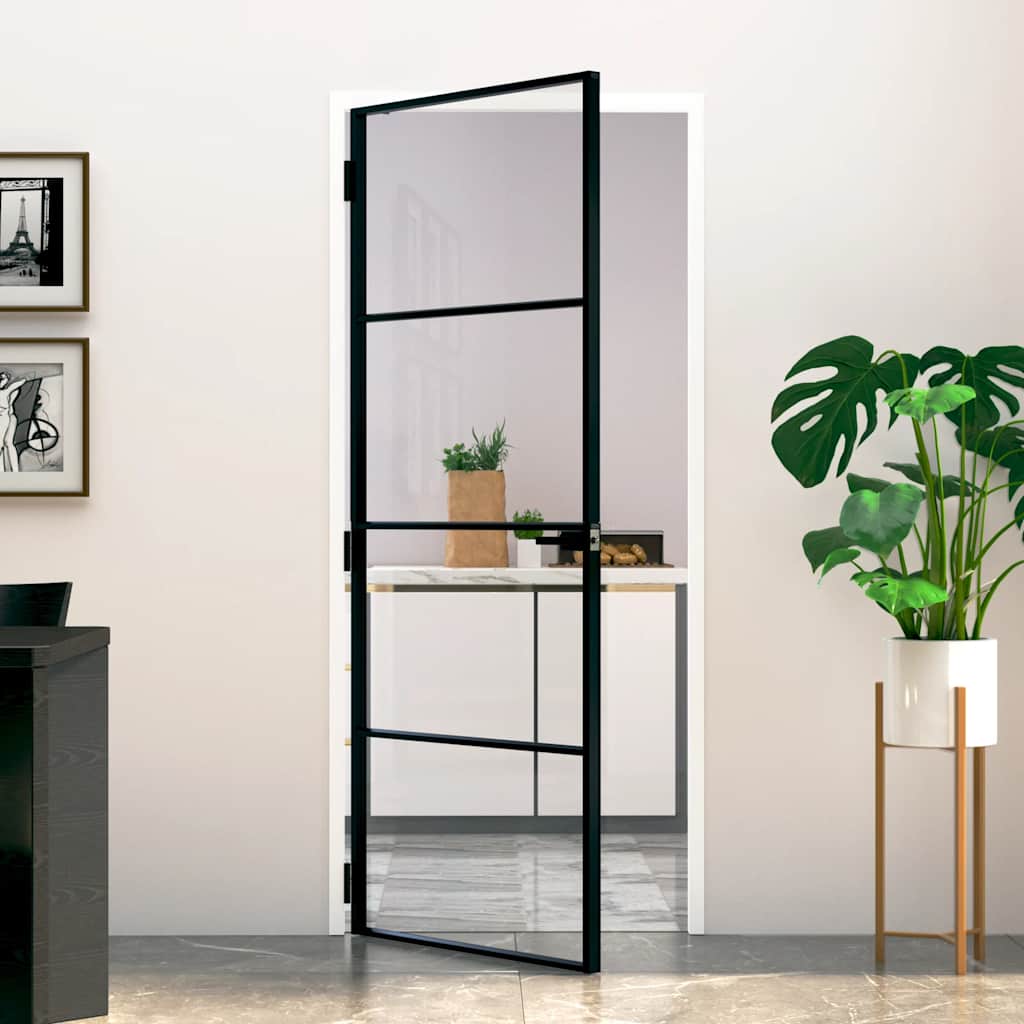 vidaXL Interior Door Black 83x201,5 cm Tempered Glass&Aluminium Slim