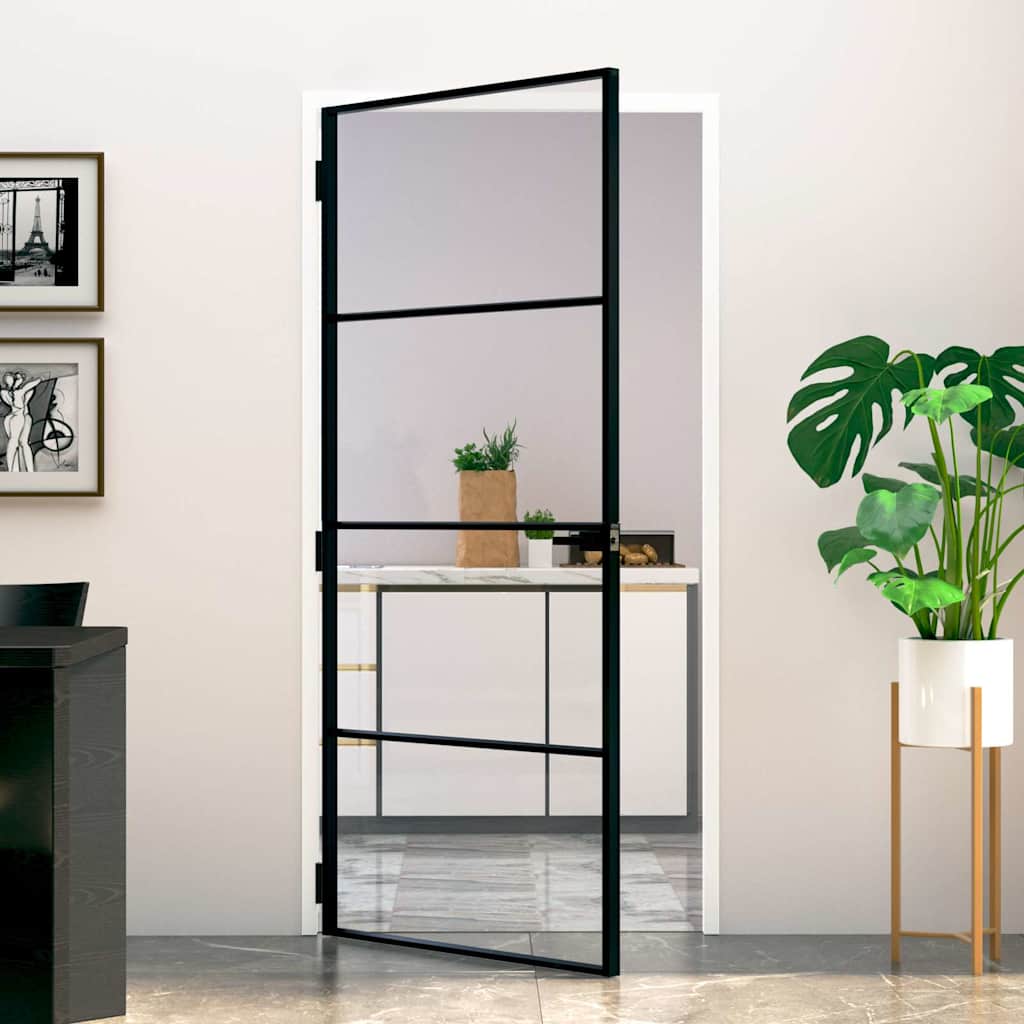 vidaXL Interior Door Black 93x201,5 cm Tempered Glass&Aluminium Slim