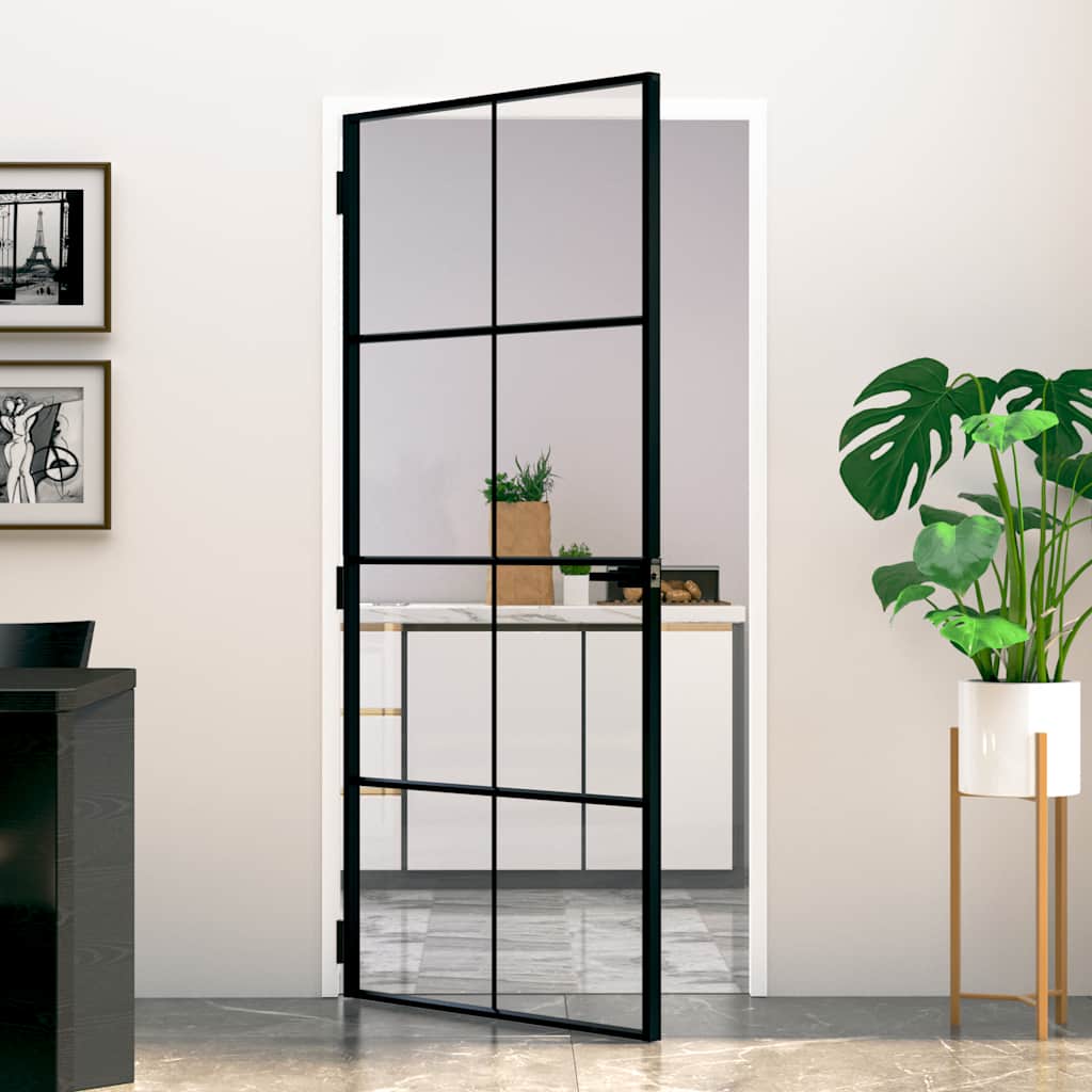 vidaXL Interior Door Black 93x201,5 cm Tempered Glass&Aluminium Slim
