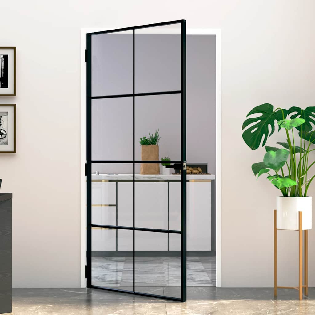 vidaXL Interior Door Black 102x201,5 cm Tempered Glass&Aluminium Slim