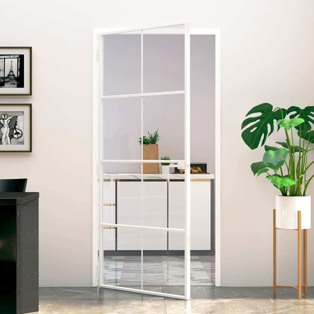 vidaXL Interior Door White 93x201,5 cm Tempered Glass&Aluminium Slim