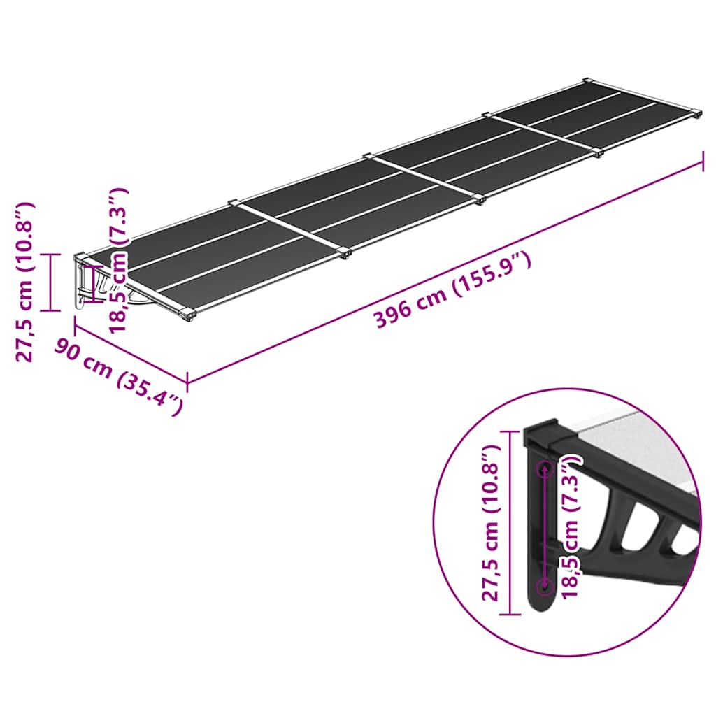 vidaXL Door Canopy Black and Transparent 396x90 cm Polycarbonate
