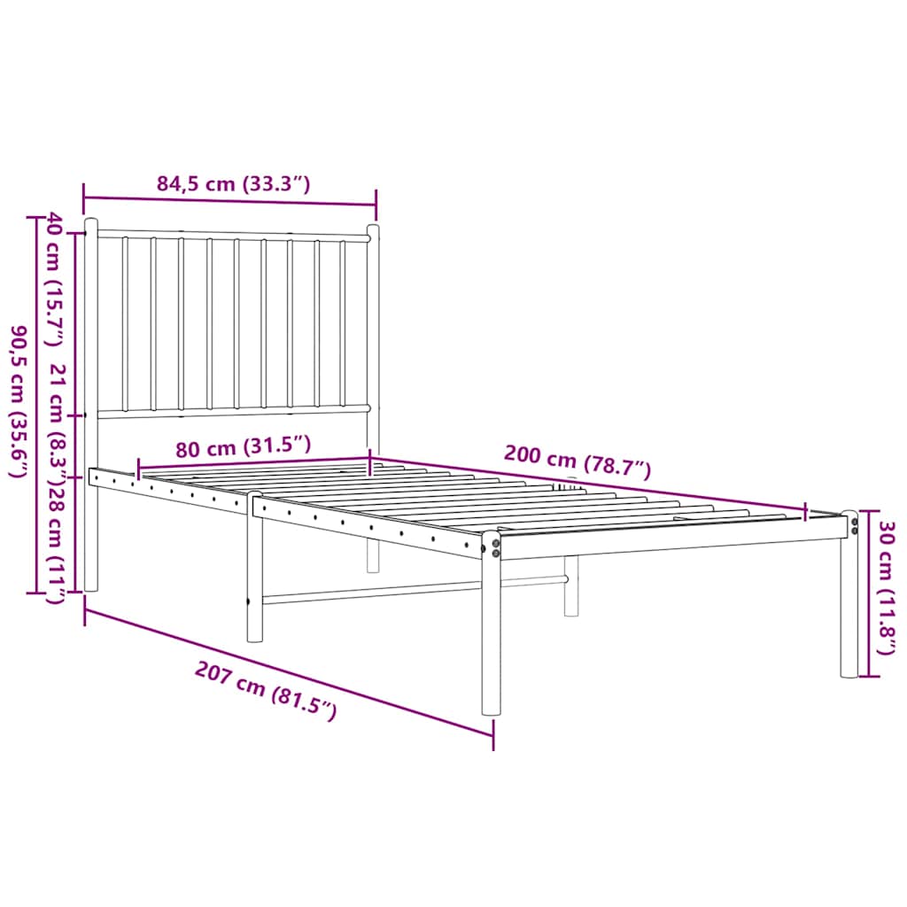 vidaXL Metal Bed Frame without Mattress with Headboard Black 80x200cm