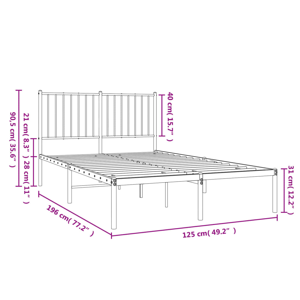 vidaXL Metal Bed Frame without Mattress with Headboard Black 120x200cm