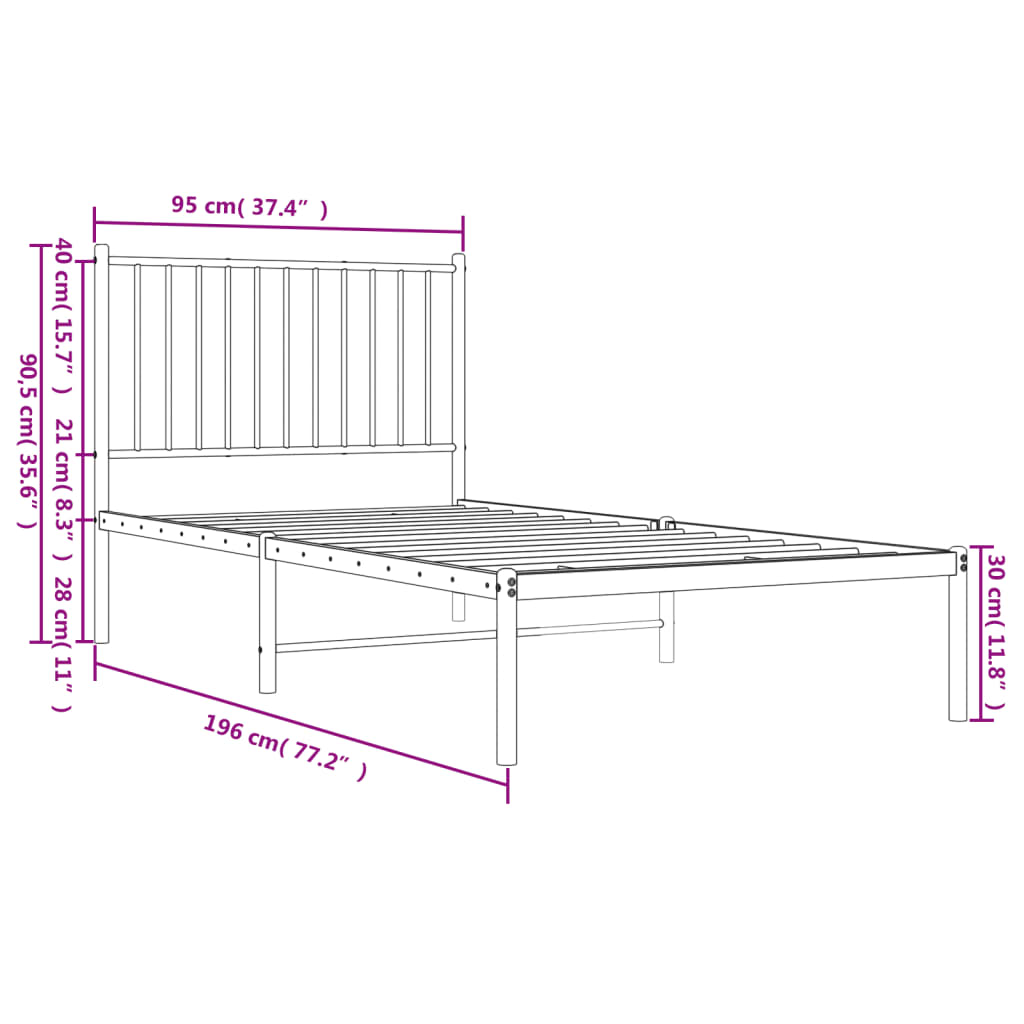 vidaXL Metal Bed Frame without Mattress with Headboard White 90x190cm