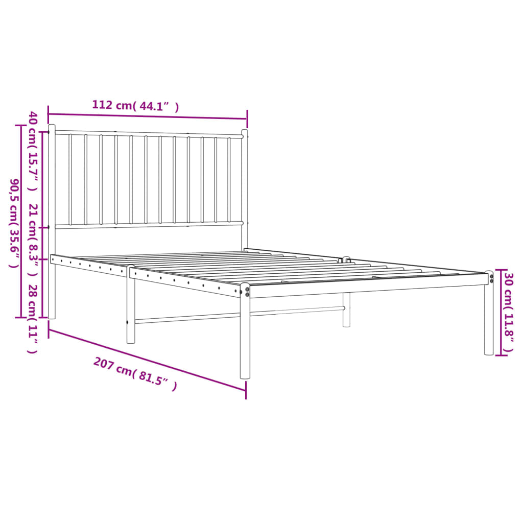 vidaXL Metal Bed Frame without Mattress with Headboard White 107x203cm