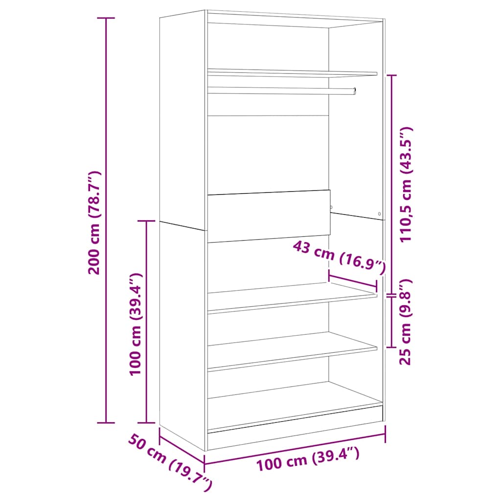 vidaXL Wardrobe Grey Sonoma 100x50x200 cm Engineered Wood