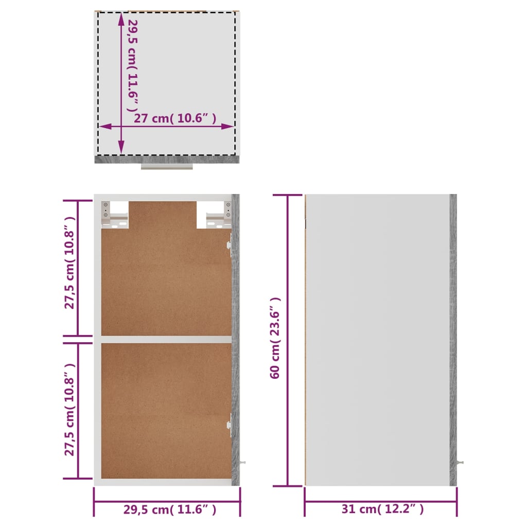vidaXL Hanging Cabinet "Lyon" Grey Sonoma 29,5x31x60 cm Engineered Wood