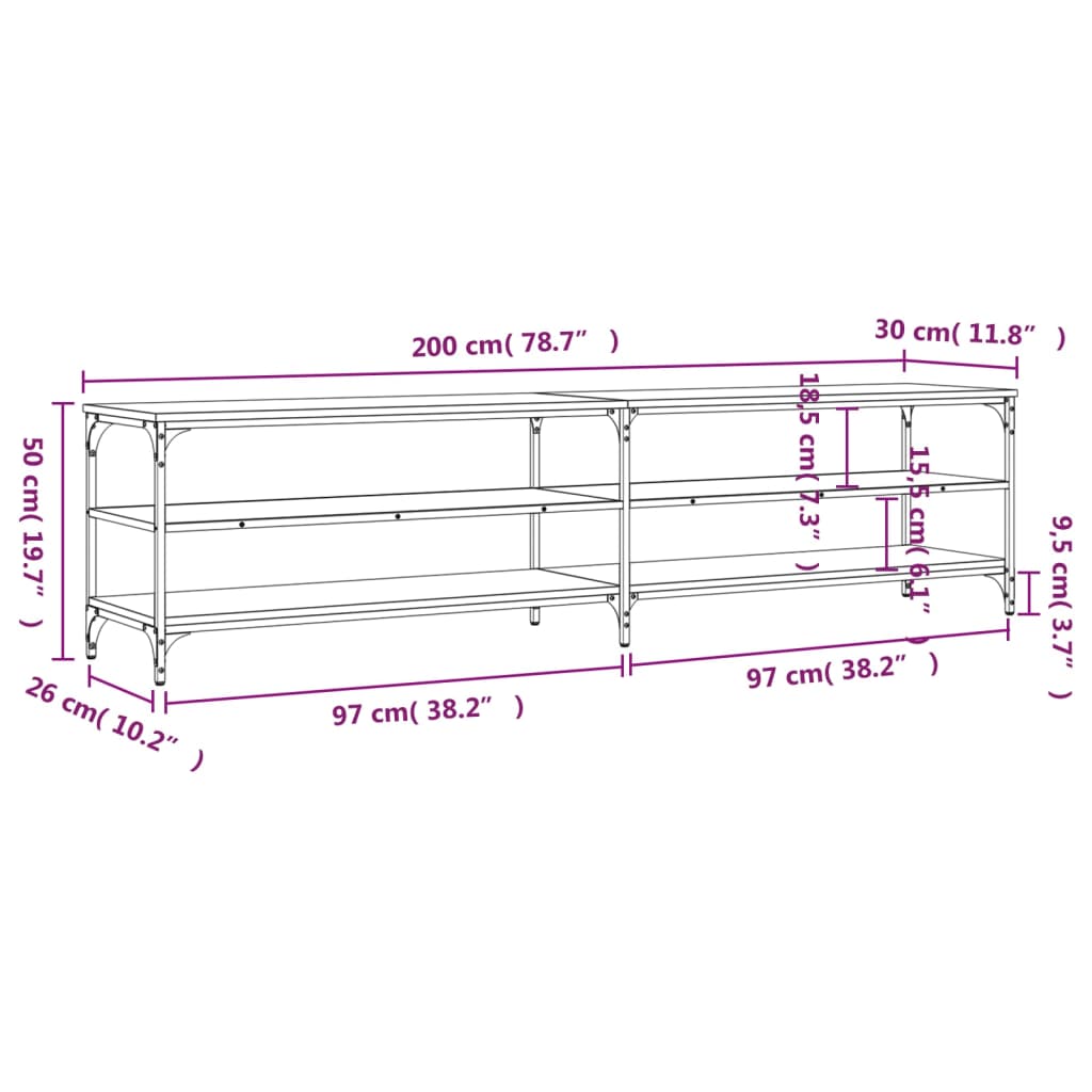 vidaXL TV Cabinet Smoked Oak 200x30x50 cm Engineered Wood and Metal