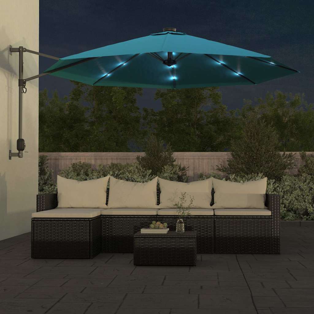 vidaXL Wall-mounted Parasol with LEDs Sea Blue 290cm