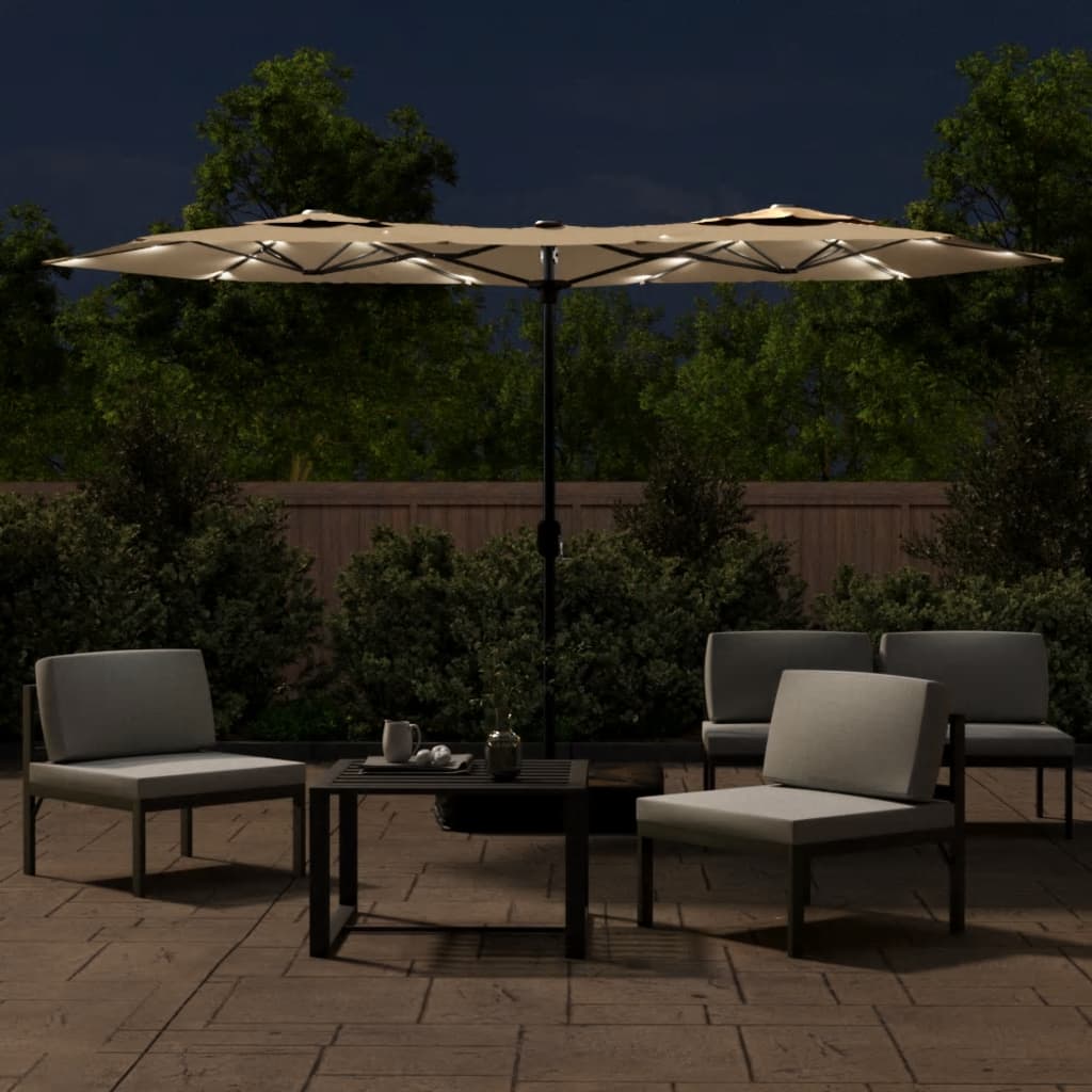 vidaXL Double-Head Garden Parasol with LEDs Taupe 316x145 cm