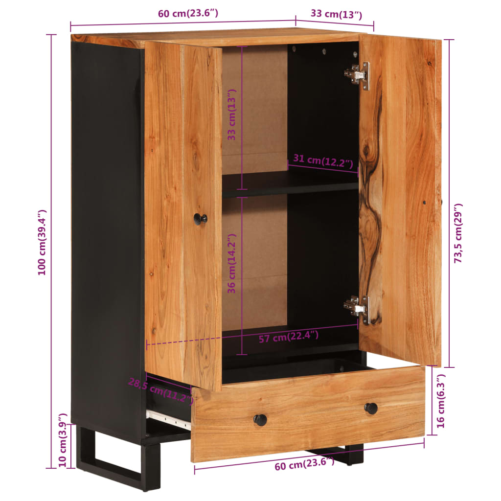 vidaXL Highboard with Drawer 60x33x100 cm Solid Wood Acacia&Iron