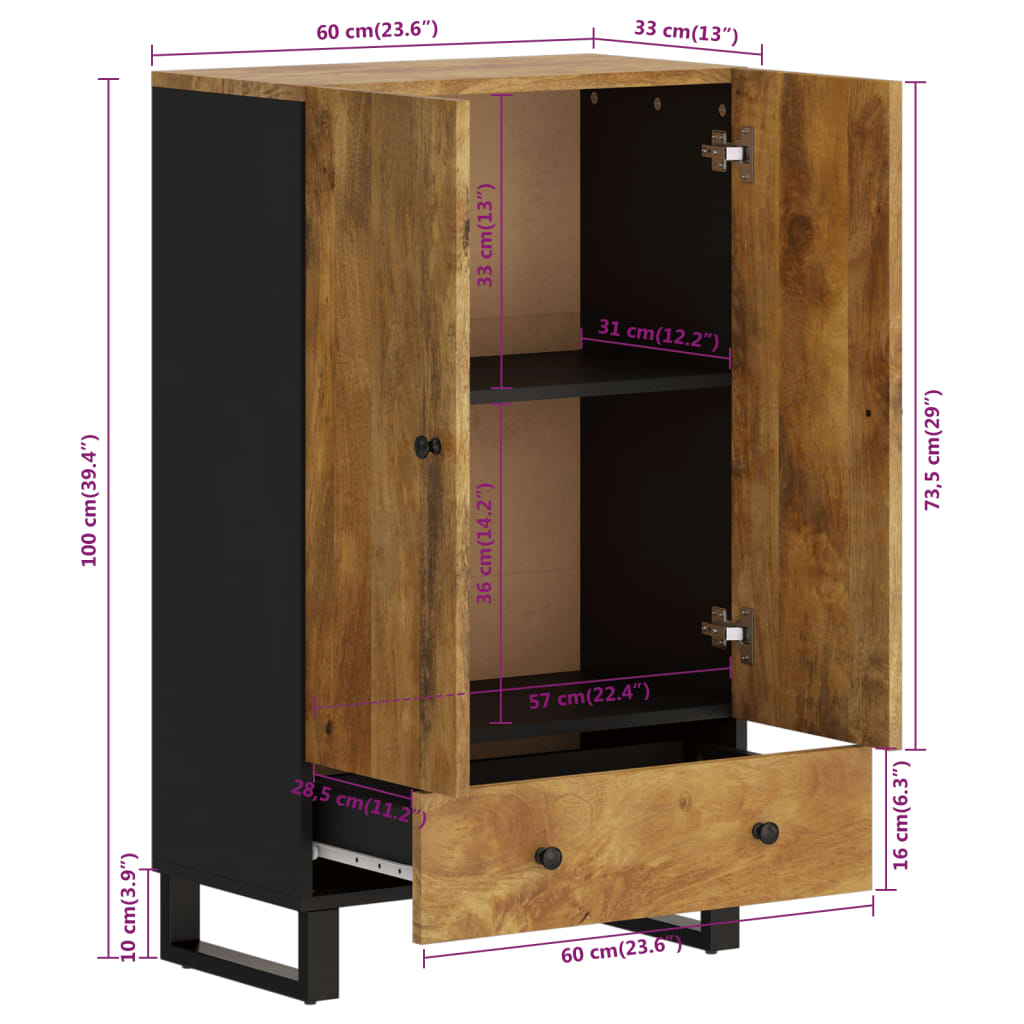 vidaXL Highboard with Drawer 60x33x100 cm Solid Wood Mango&Iron
