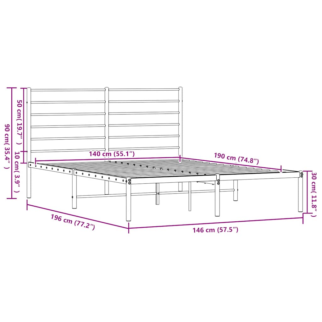 vidaXL Metal Bed Frame without Mattress with Headboard Black 140x190cm
