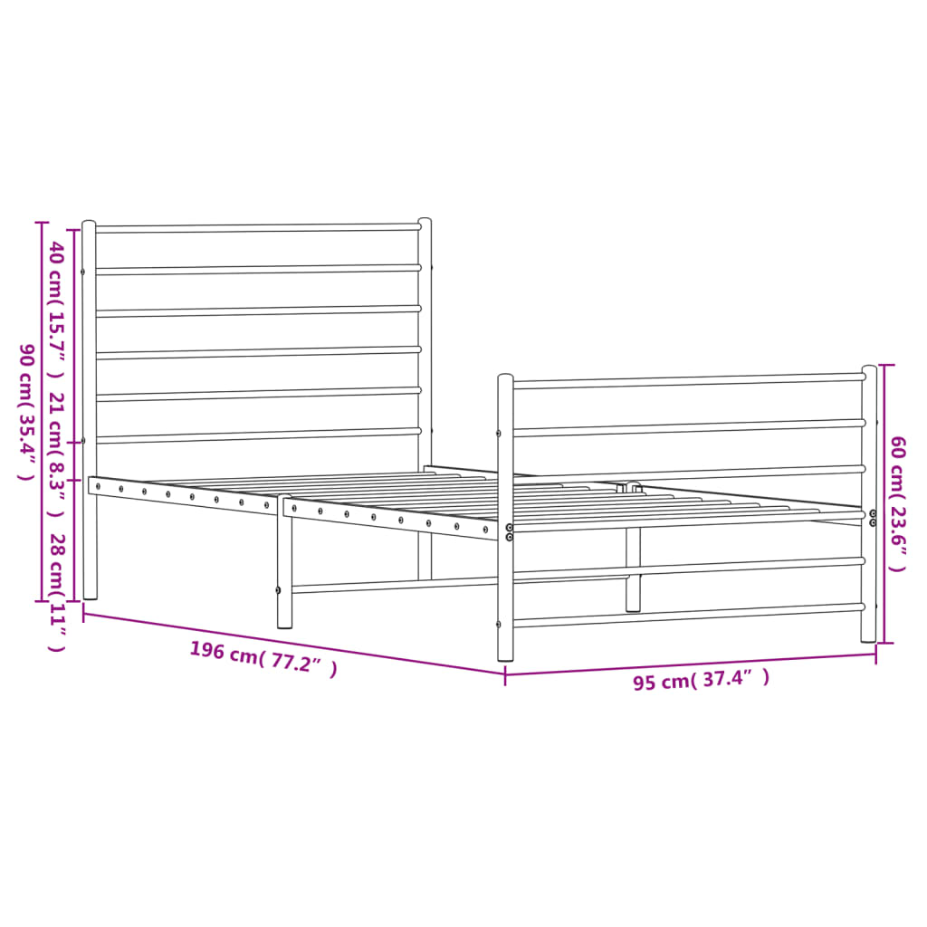 vidaXL Metal Bed Frame without Mattress with Footboard Black 90x190cm