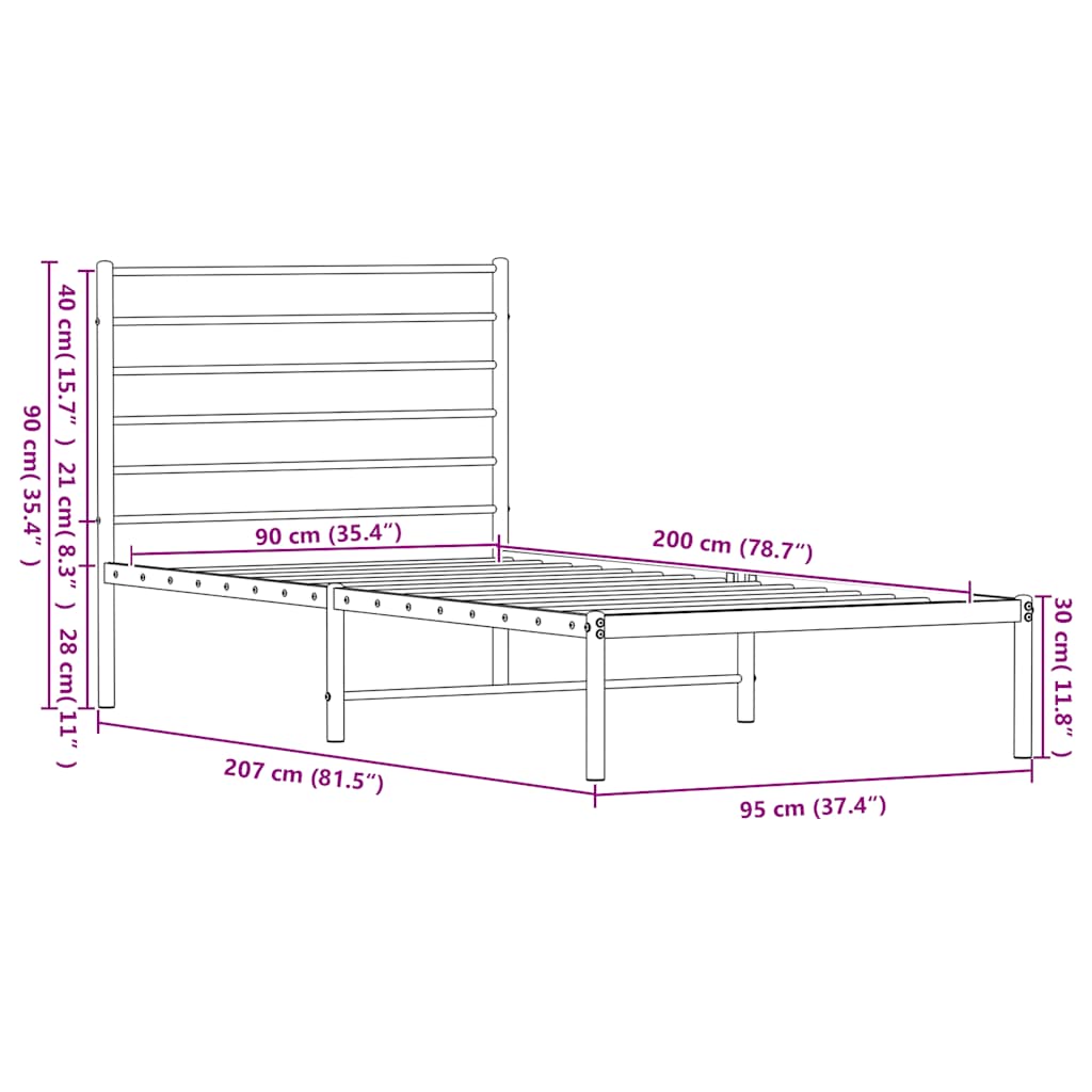 vidaXL Metal Bed Frame without Mattress with Headboard White 90x200cm