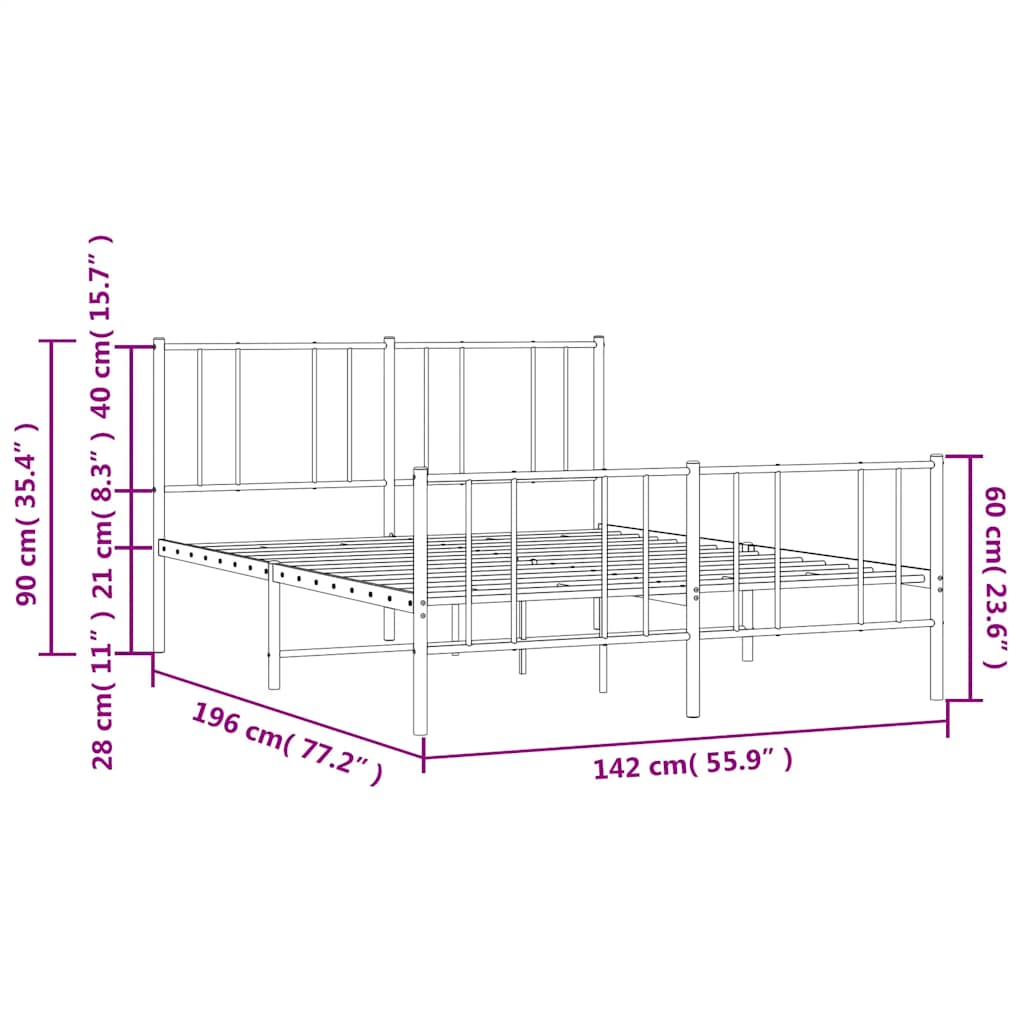 vidaXL Metal Bed Frame without Mattress with Footboard Black 135x190cm