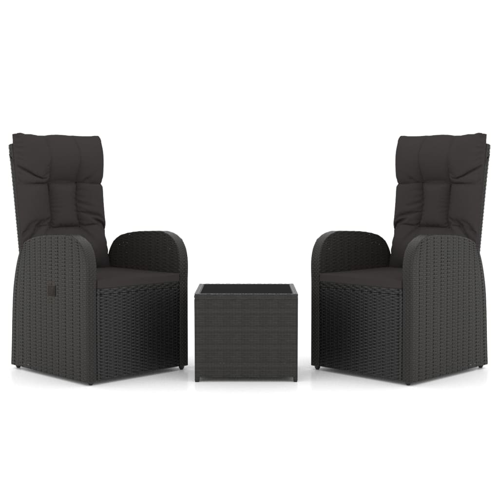 vidaXL 3 Piece Garden Lounge Set Black Poly Rattan&Steel