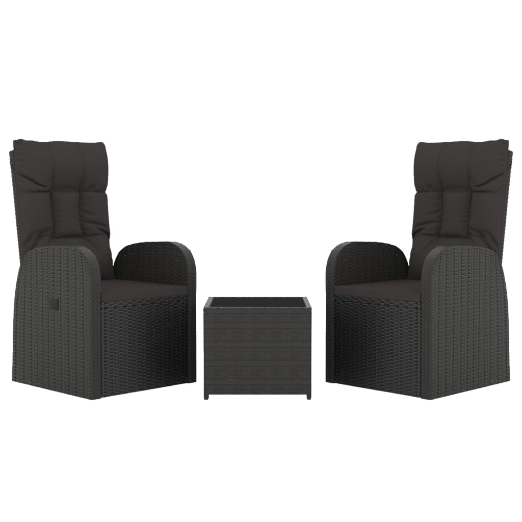 vidaXL 3 Piece Garden Lounge Set Black Poly Rattan&Steel