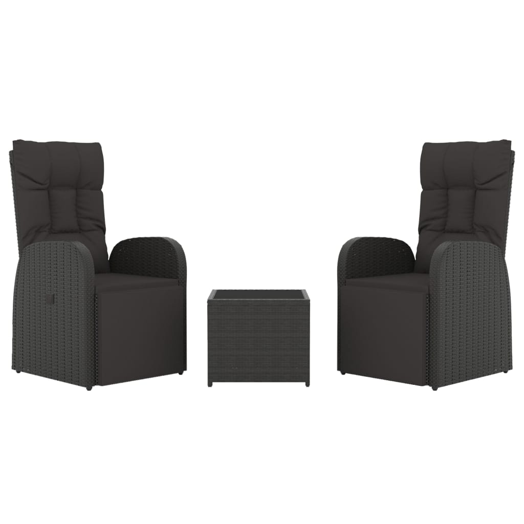 vidaXL 3 Piece Garden Lounge Set Black Poly Rattan&Steel