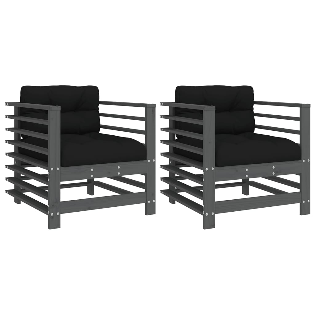 vidaXL Garden Chairs with Cushions 2 pcs Grey Solid Wood Pine