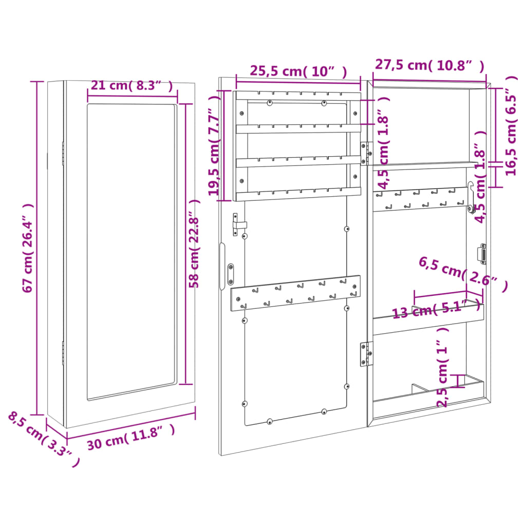 vidaXL Mirror Jewellery Cabinet Wall Mounted Black 30x8.5x67 cm