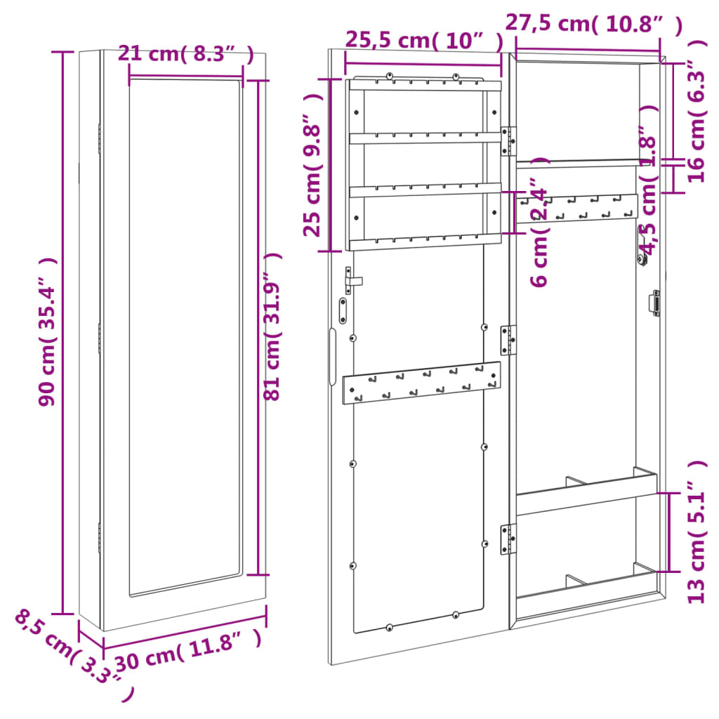 vidaXL Mirror Jewellery Cabinet Wall Mounted White 30x8.5x90 cm