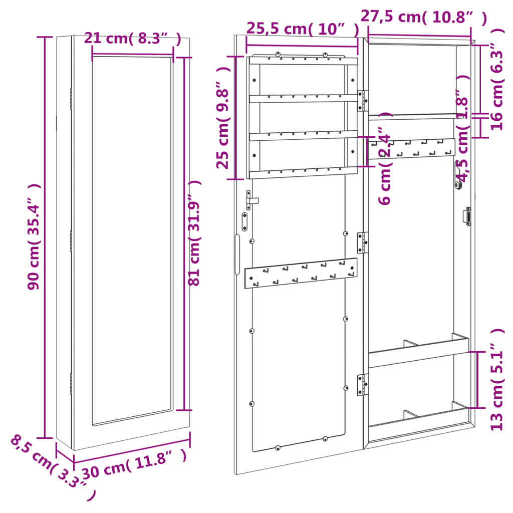 vidaXL Mirror Jewellery Cabinet Wall Mounted 30x8.5x90 cm