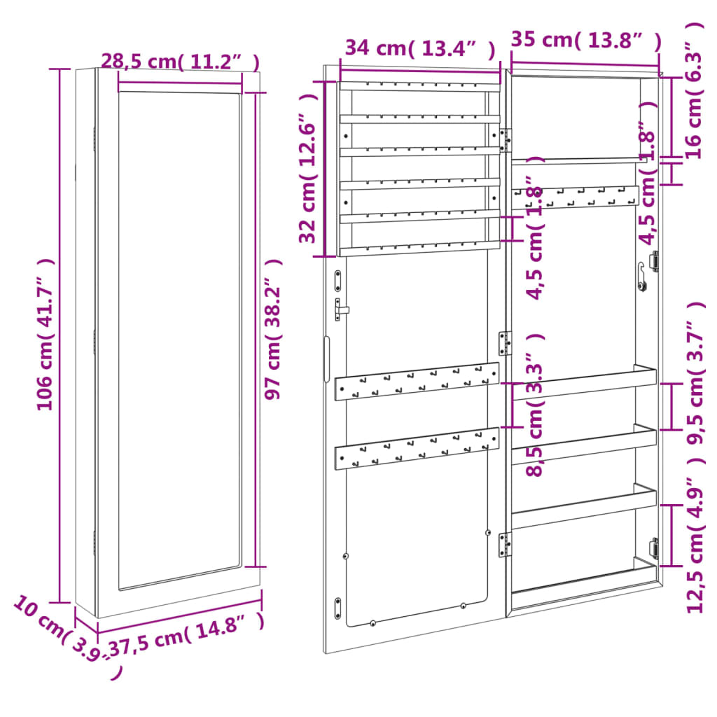 vidaXL Mirror Jewellery Cabinet Wall Mounted White 37.5x10x106 cm