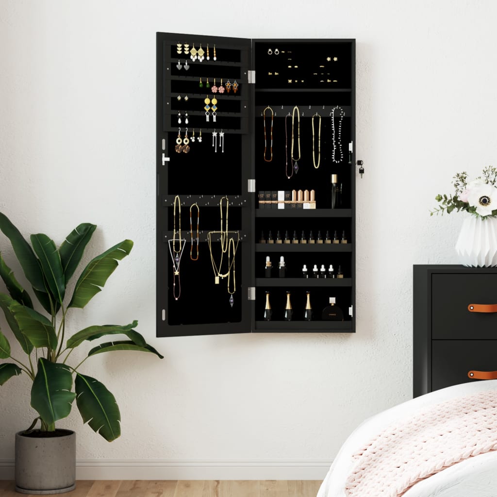 vidaXL Mirror Jewellery Cabinet Wall Mounted Black 37,5x10x106 cm