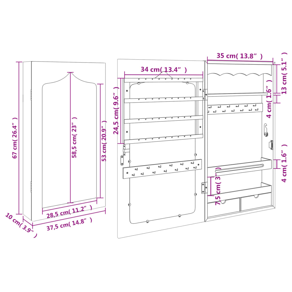 vidaXL Mirror Jewellery Cabinet Wall Mounted Black 37.5x10x67 cm