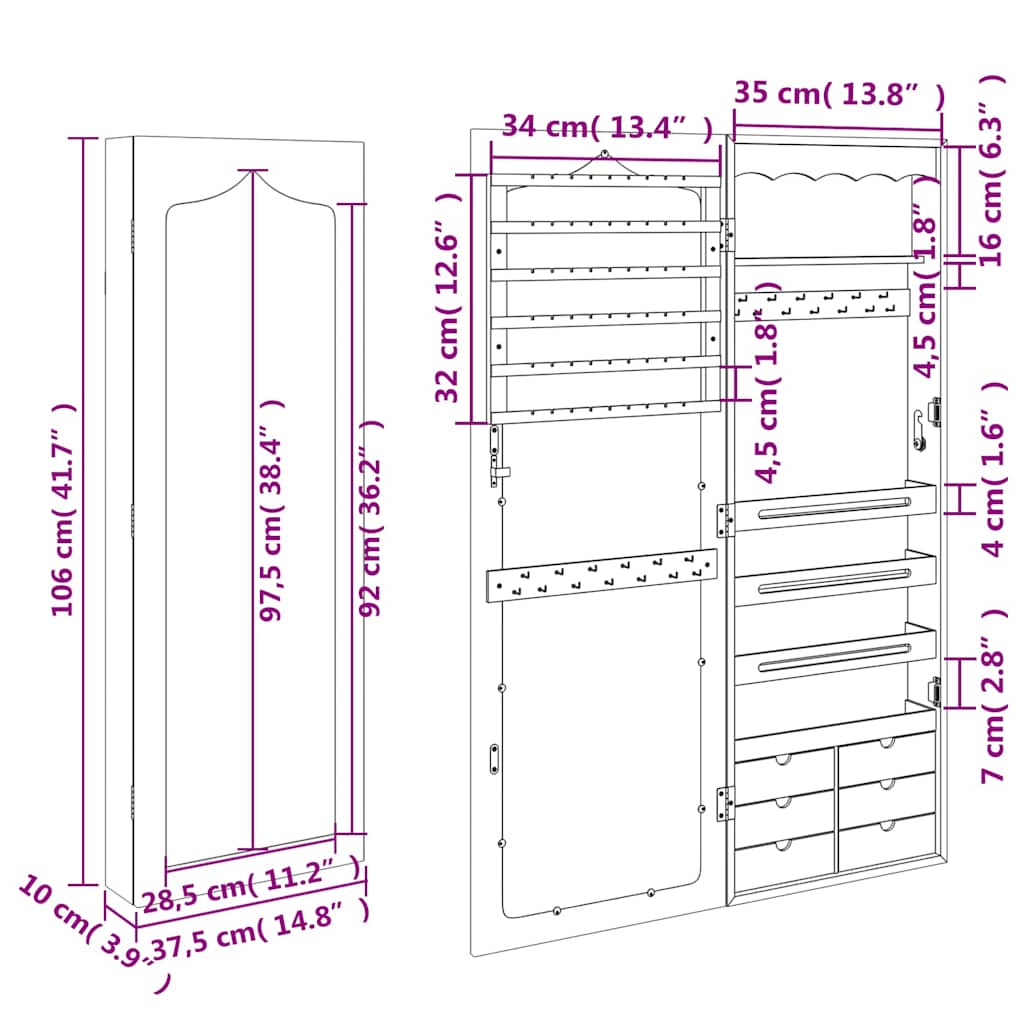 vidaXL Mirror Jewellery Cabinet Wall Mounted White 37.5x10x106 cm