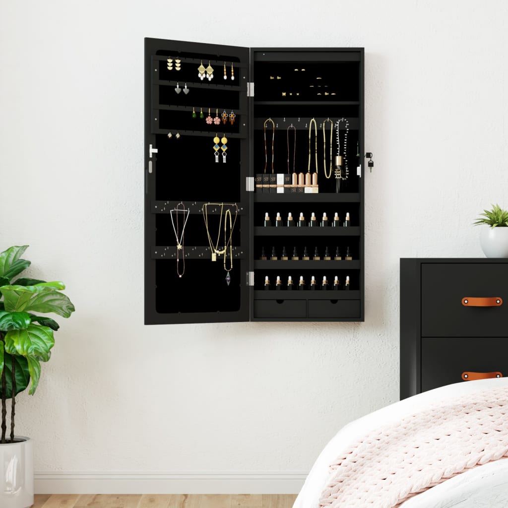 vidaXL Mirror Jewellery Cabinet with LED Lights Wall Mounted Black