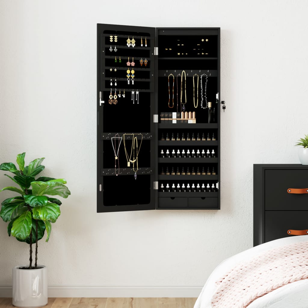 vidaXL Mirror Jewellery Cabinet with LED Lights Wall Mounted Black