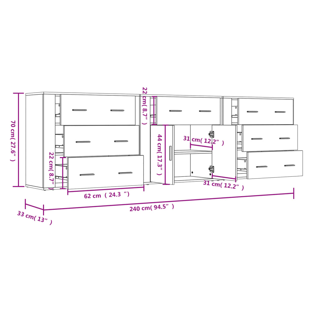 vidaXL Sideboard | Set of 3 | Sonoma Oak | Engineered Wood | Medium | Sideboard