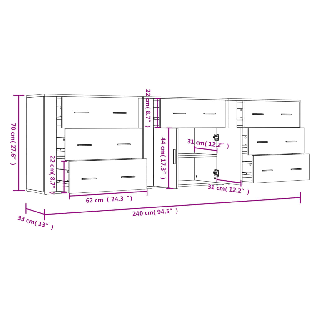 vidaXL Sideboards 3 pcs Grey Sonoma Engineered Wood
